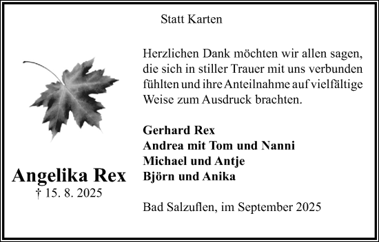 Anzeige  Angelika Rex  Lippische Landes-Zeitung