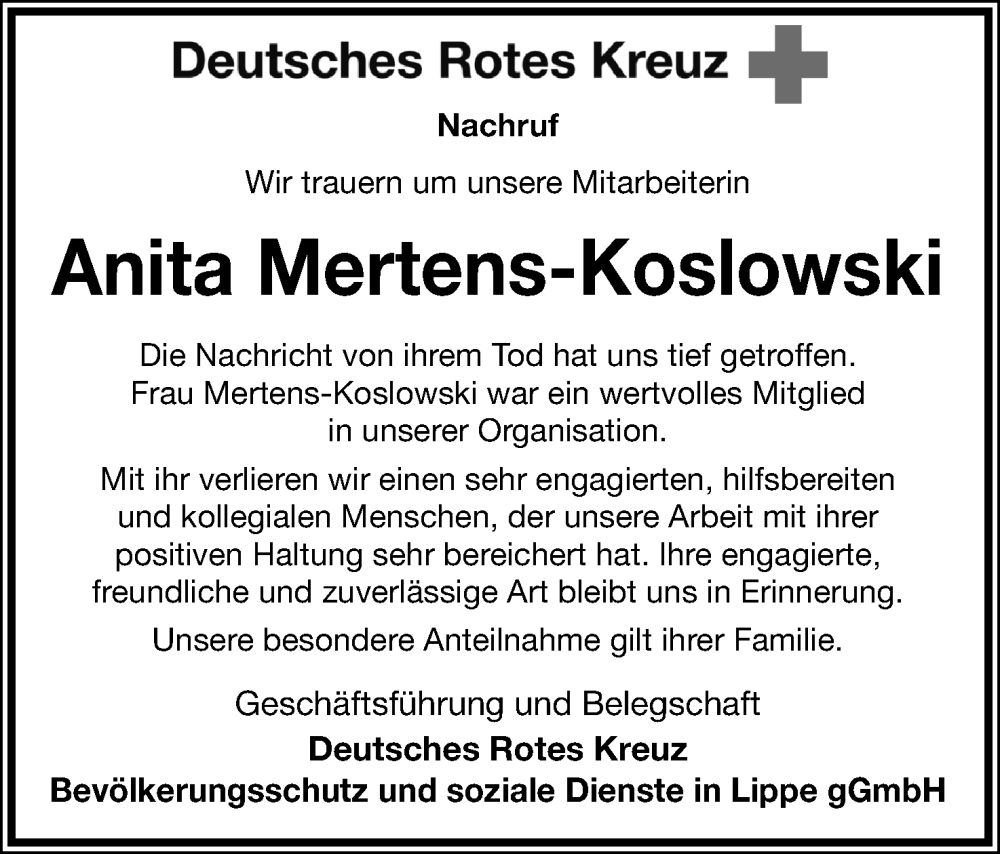  Traueranzeige für Anita Mertens-Koslowski vom 13.09.2025 aus Lippische Landes-Zeitung