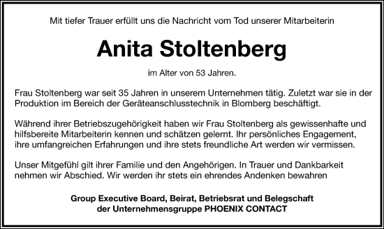 Anzeige  Anita Stoltenberg  Lippische Landes-Zeitung