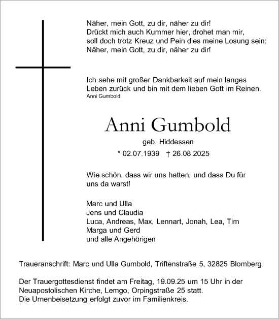 Anzeige  Anni Gumbold  Lippische Landes-Zeitung