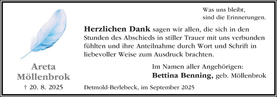 Anzeige  Areta Möllenbrok  Lippische Landes-Zeitung