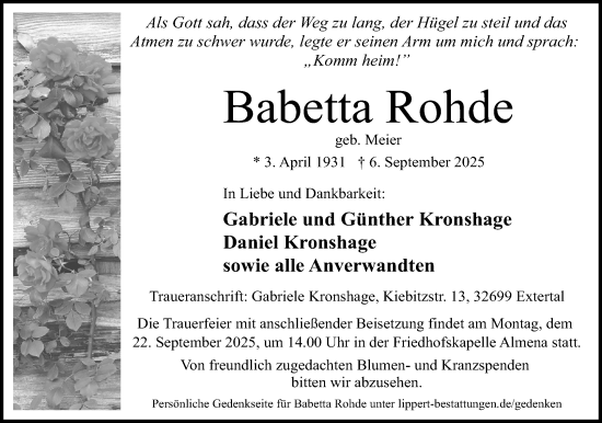 Anzeige  Babetta Rohde  Lippische Landes-Zeitung