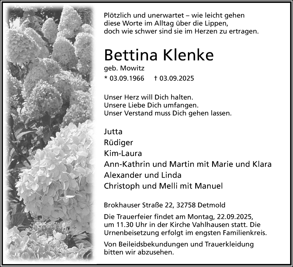  Traueranzeige für Bettina Klenke vom 13.09.2025 aus Lippische Landes-Zeitung