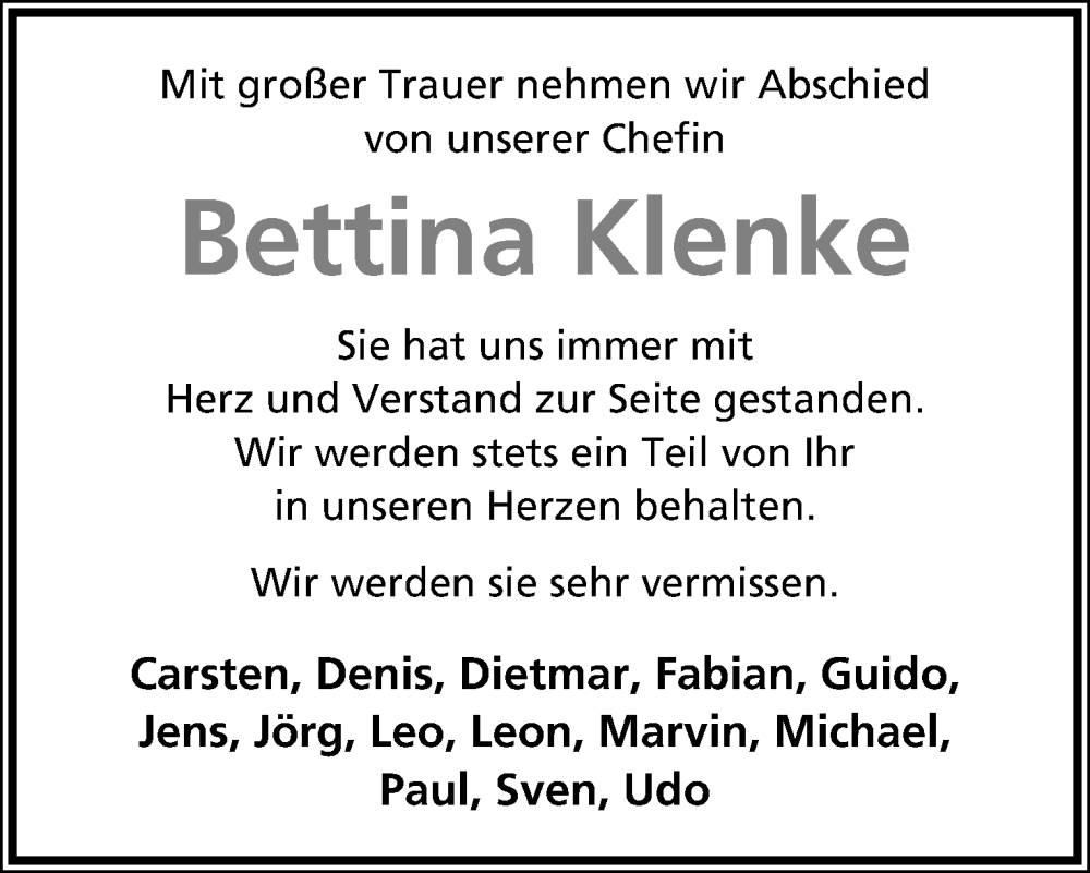  Traueranzeige für Bettina Klenke vom 13.09.2025 aus Lippische Landes-Zeitung