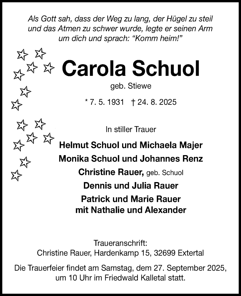 Traueranzeige für Carola Schuol vom 06.09.2025 aus Lippische Landes-Zeitung