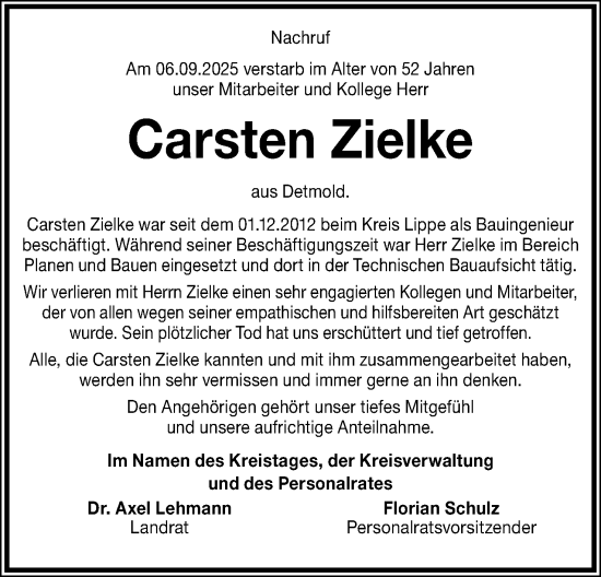 Anzeige  Carsten Zielke  Lippische Landes-Zeitung