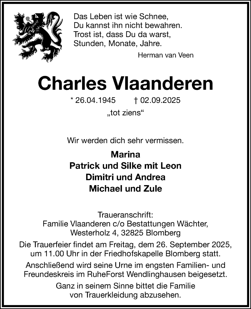  Traueranzeige für Charles Vlaanderen vom 13.09.2025 aus Lippische Landes-Zeitung