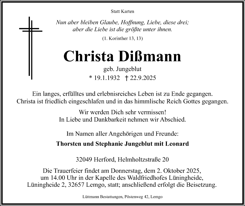  Traueranzeige für Christa Dißmann vom 27.09.2025 aus Lippische Landes-Zeitung