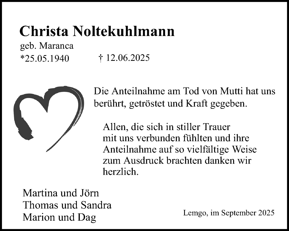  Traueranzeige für Christa Noltekuhlmann vom 20.09.2025 aus Lippische Landes-Zeitung