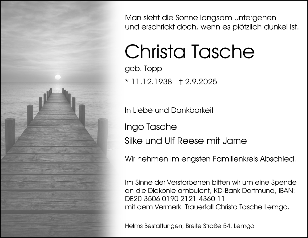  Traueranzeige für Christa Tasche vom 13.09.2025 aus Lippische Landes-Zeitung