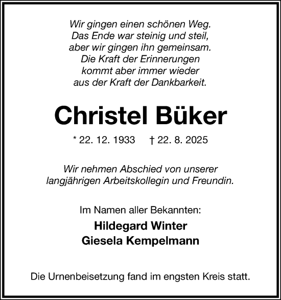 Anzeige  Christel Büker  Lippische Landes-Zeitung