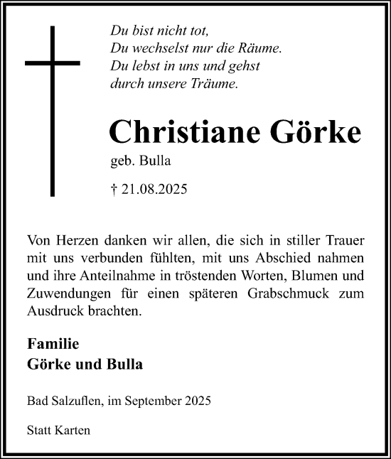 Anzeige  Christiane Görke  Lippische Landes-Zeitung