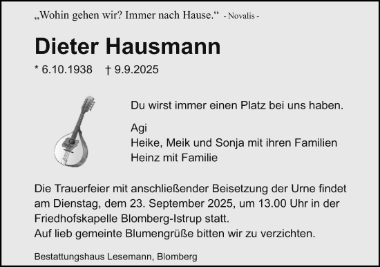 Anzeige  Dieter Hausmann  Lippische Landes-Zeitung