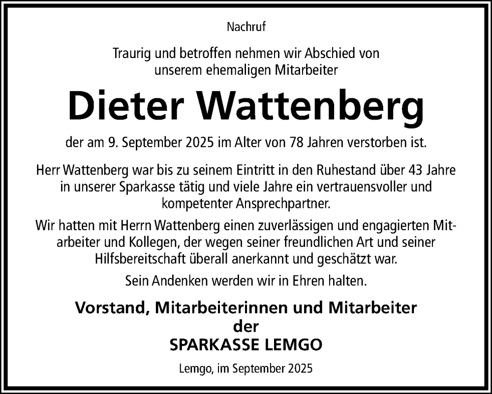  Traueranzeige für Dieter Wattenberg vom 27.09.2025 aus Lippische Landes-Zeitung