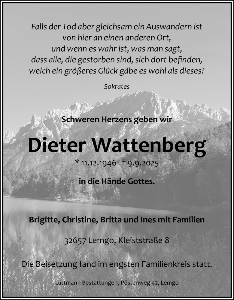  Traueranzeige für Dieter Wattenberg vom 27.09.2025 aus Lippische Landes-Zeitung