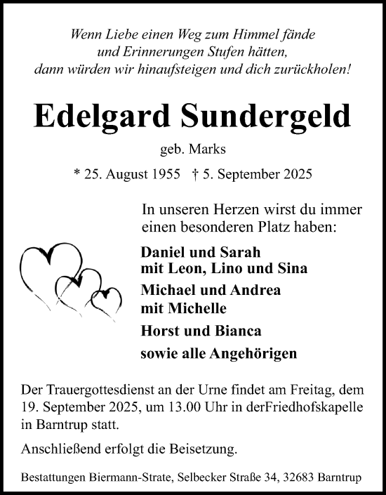 Anzeige  Edelgard Sundergeld  Lippische Landes-Zeitung