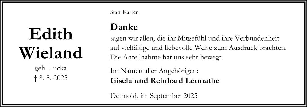  Traueranzeige für Edith Wieland vom 06.09.2025 aus Lippische Landes-Zeitung