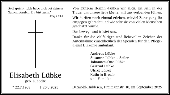 Anzeige  Elisabeth Lübke  Lippische Landes-Zeitung