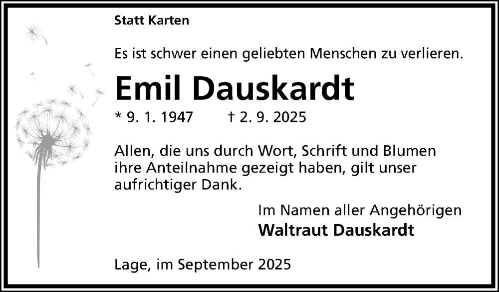  Traueranzeige für Emil Dauskardt vom 27.09.2025 aus Lippische Landes-Zeitung