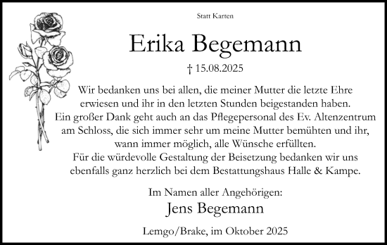 Anzeige  Erika Begemann  Lippische Landes-Zeitung