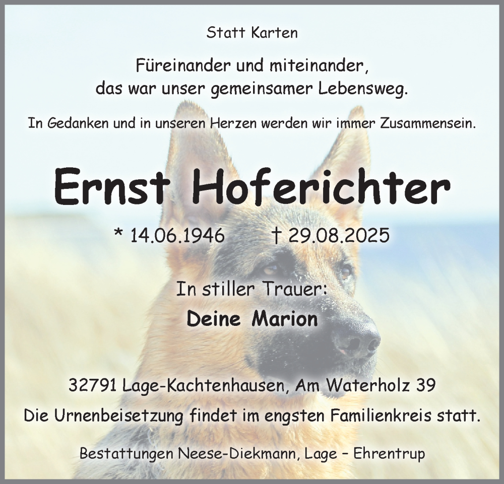  Traueranzeige für Ernst Hoferichter vom 06.09.2025 aus Lippische Landes-Zeitung