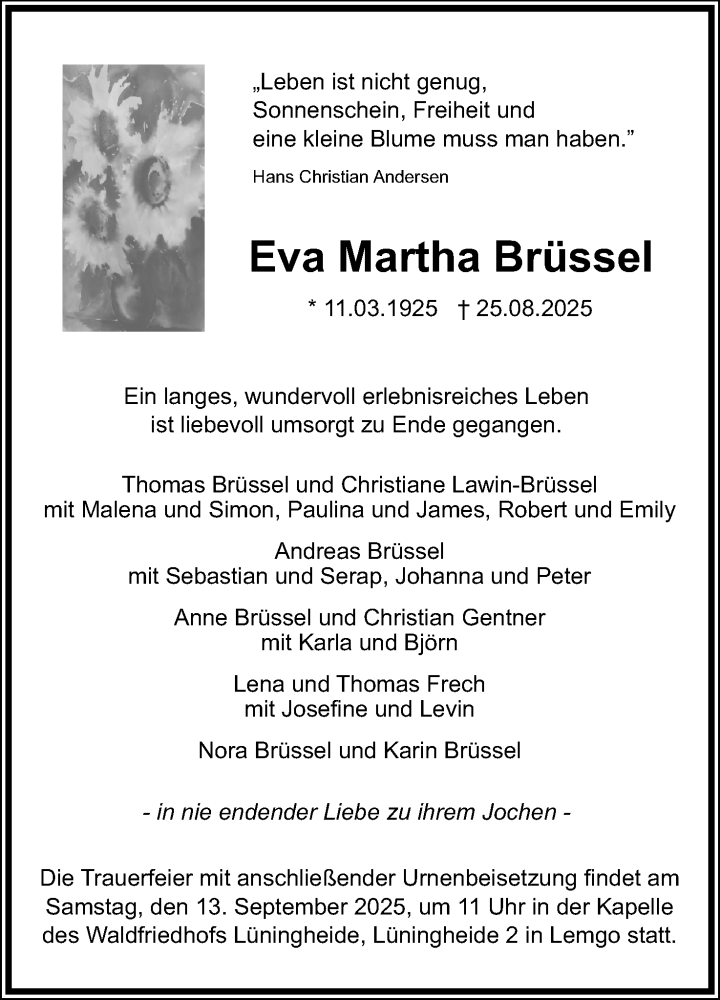  Traueranzeige für Eva Martha Brüssel vom 06.09.2025 aus Lippische Landes-Zeitung