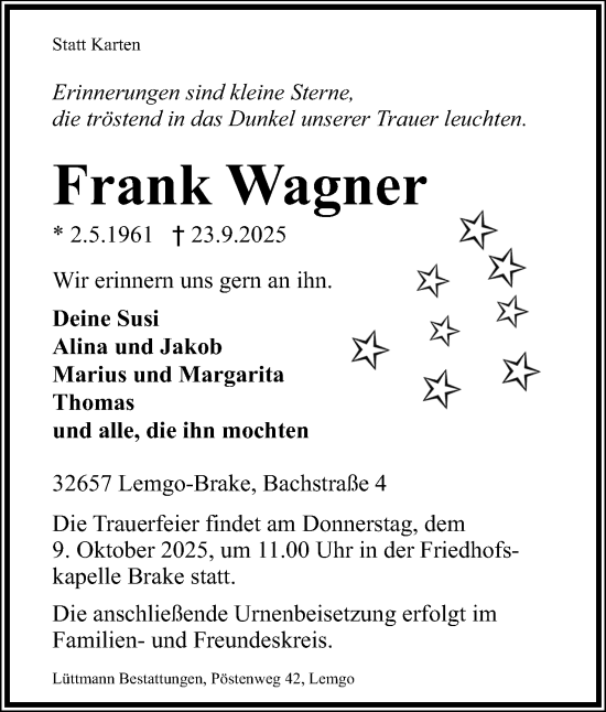 Anzeige  Frank Wagner  Lippische Landes-Zeitung