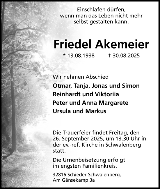 Anzeige  Friedel Akemeier  Lippische Landes-Zeitung