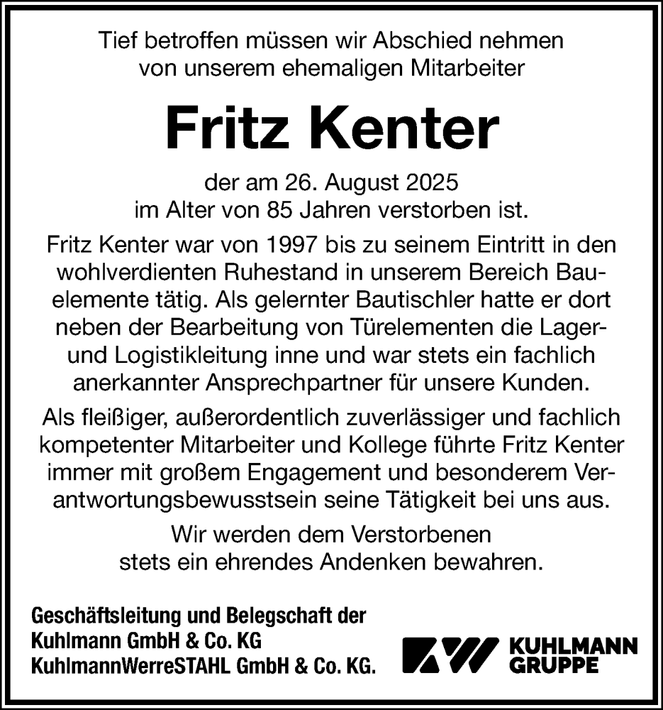  Traueranzeige für Fritz Kenter vom 06.09.2025 aus Lippische Landes-Zeitung
