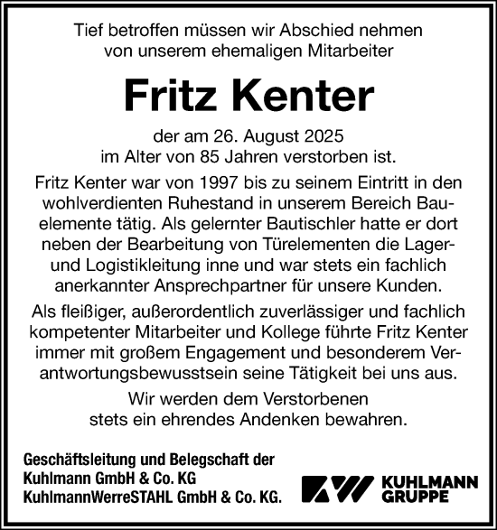 Anzeige  Fritz Kenter  Lippische Landes-Zeitung