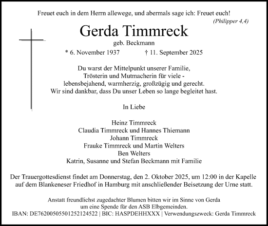 Anzeige  Gerda Timmreck  Lippische Landes-Zeitung