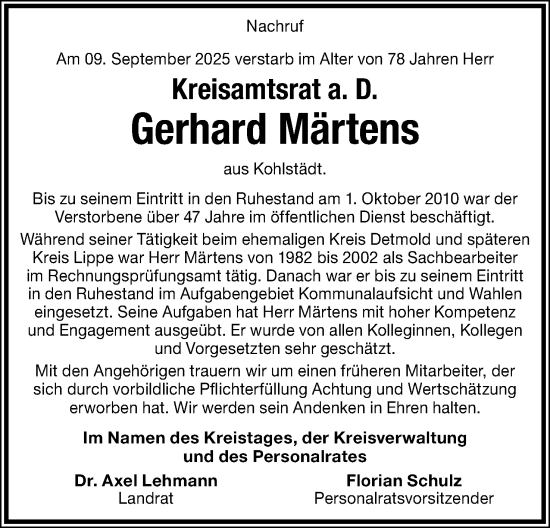 Anzeige  Gerhard Märtens  Lippische Landes-Zeitung