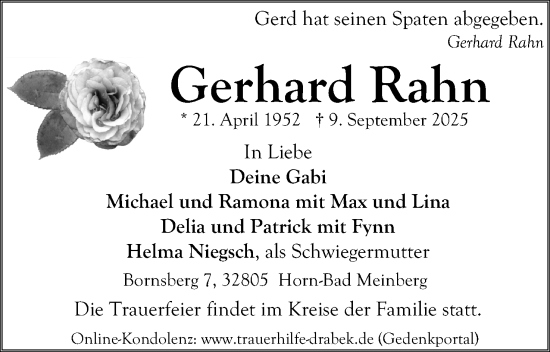 Anzeige  Gerhard Rahn  Lippische Landes-Zeitung