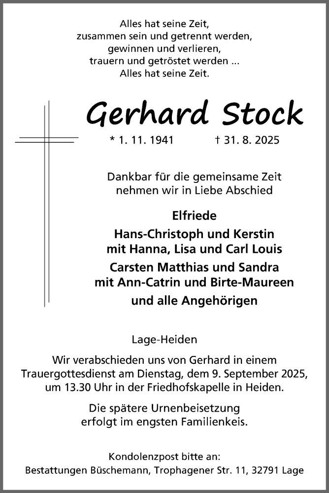  Traueranzeige für Gerhard Stock vom 06.09.2025 aus Lippische Landes-Zeitung