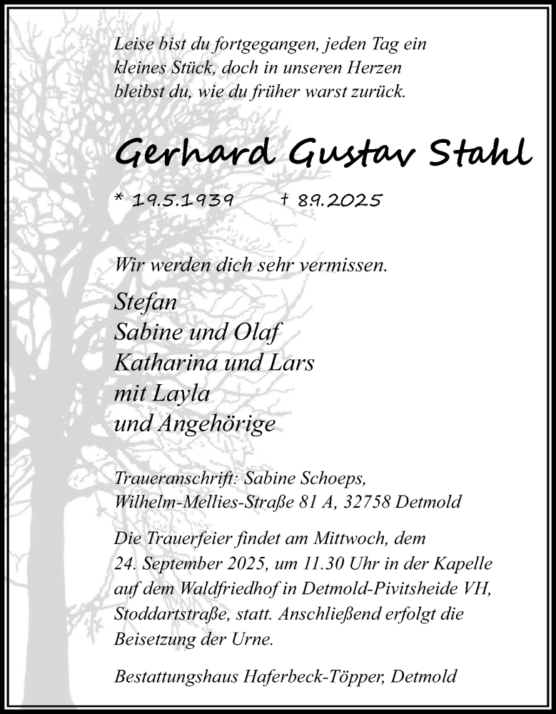  Traueranzeige für Gerhard Gustav Stahl vom 13.09.2025 aus Lippische Landes-Zeitung
