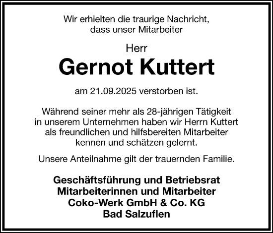 Anzeige  Gernot Kuttert  Lippische Landes-Zeitung