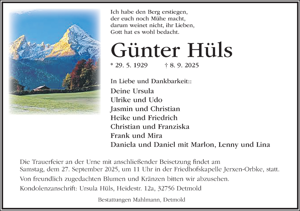  Traueranzeige für Günter Hüls vom 20.09.2025 aus Lippische Landes-Zeitung