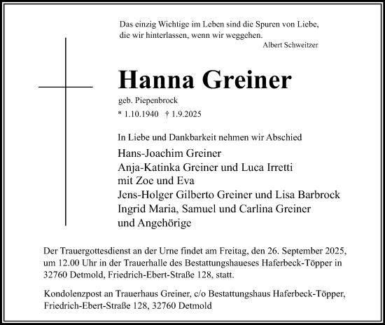 Anzeige  Hanna Greiner  Lippische Landes-Zeitung