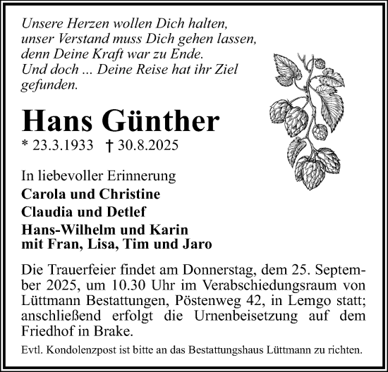 Anzeige  Hans Günther  Lippische Landes-Zeitung