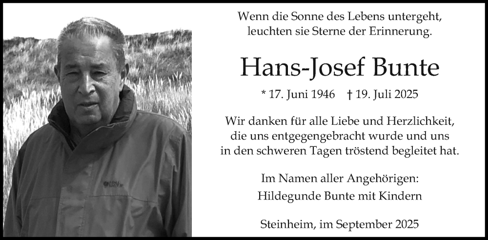  Traueranzeige für Hans-Josef Bunte vom 20.09.2025 aus Lippische Landes-Zeitung