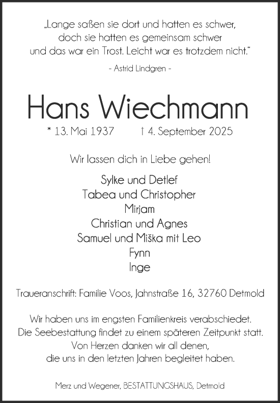 Anzeige  Hans Wiechmann  Lippische Landes-Zeitung
