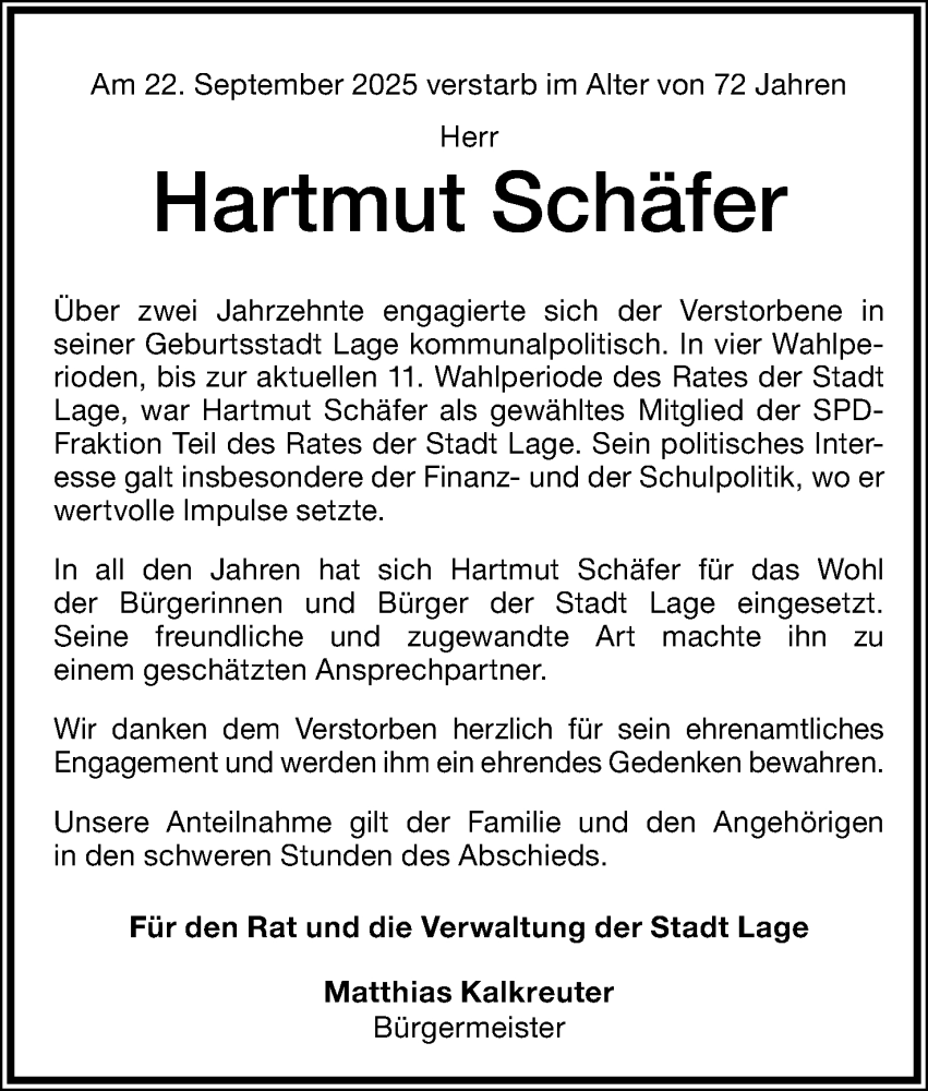  Traueranzeige für Hartmut Schäfer vom 27.09.2025 aus Lippische Landes-Zeitung