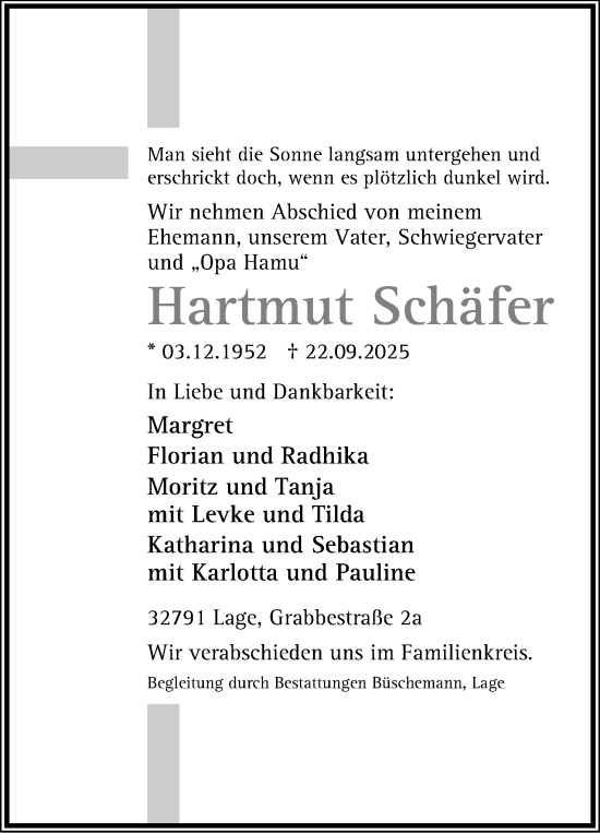 Anzeige  Hartmut Schäfer  Lippische Landes-Zeitung