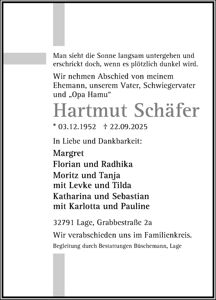  Traueranzeige für Hartmut Schäfer vom 27.09.2025 aus Lippische Landes-Zeitung