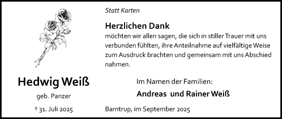 Anzeige  Hedwig Weiß  Lippische Landes-Zeitung