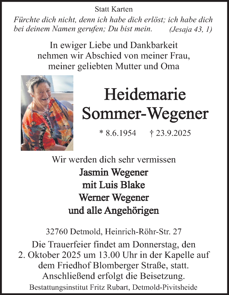  Traueranzeige für Heidemarie Sommer-Wegener vom 27.09.2025 aus Lippische Landes-Zeitung