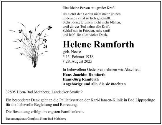 Anzeige  Helene Ramforth  Lippische Landes-Zeitung