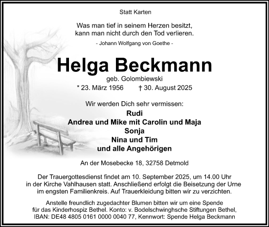 Anzeige  Helga Beckmann  Lippische Landes-Zeitung