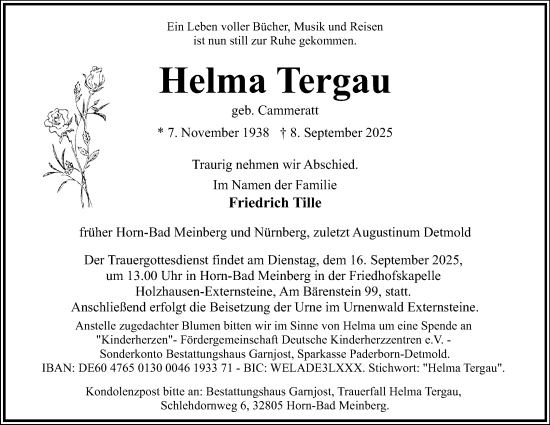 Anzeige  Helma Tergau  Lippische Landes-Zeitung