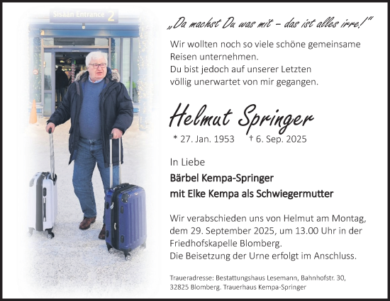 Anzeige  Helmut Springer  Lippische Landes-Zeitung